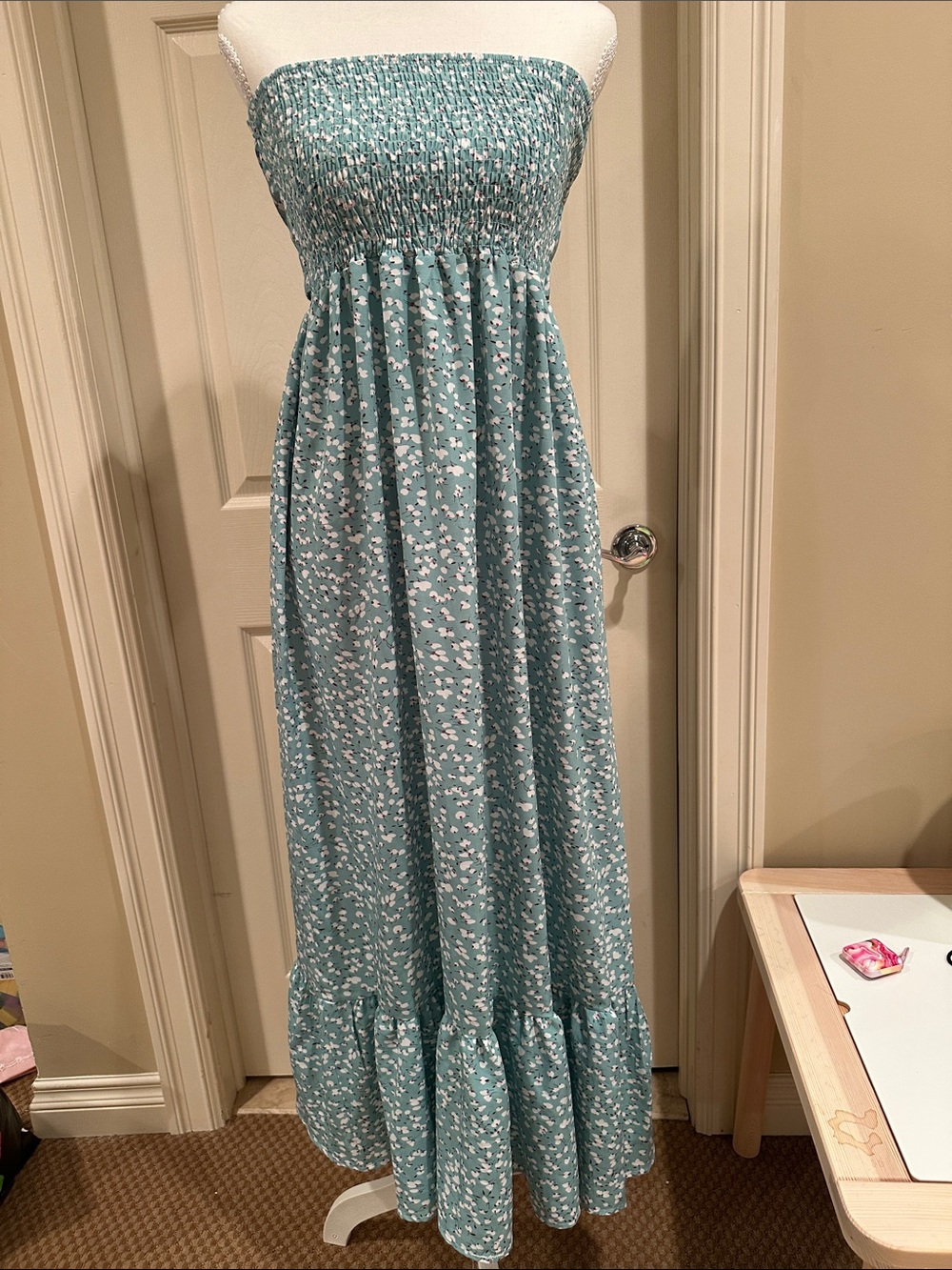Smocked Strapless Maxi Dress in Teal Floral